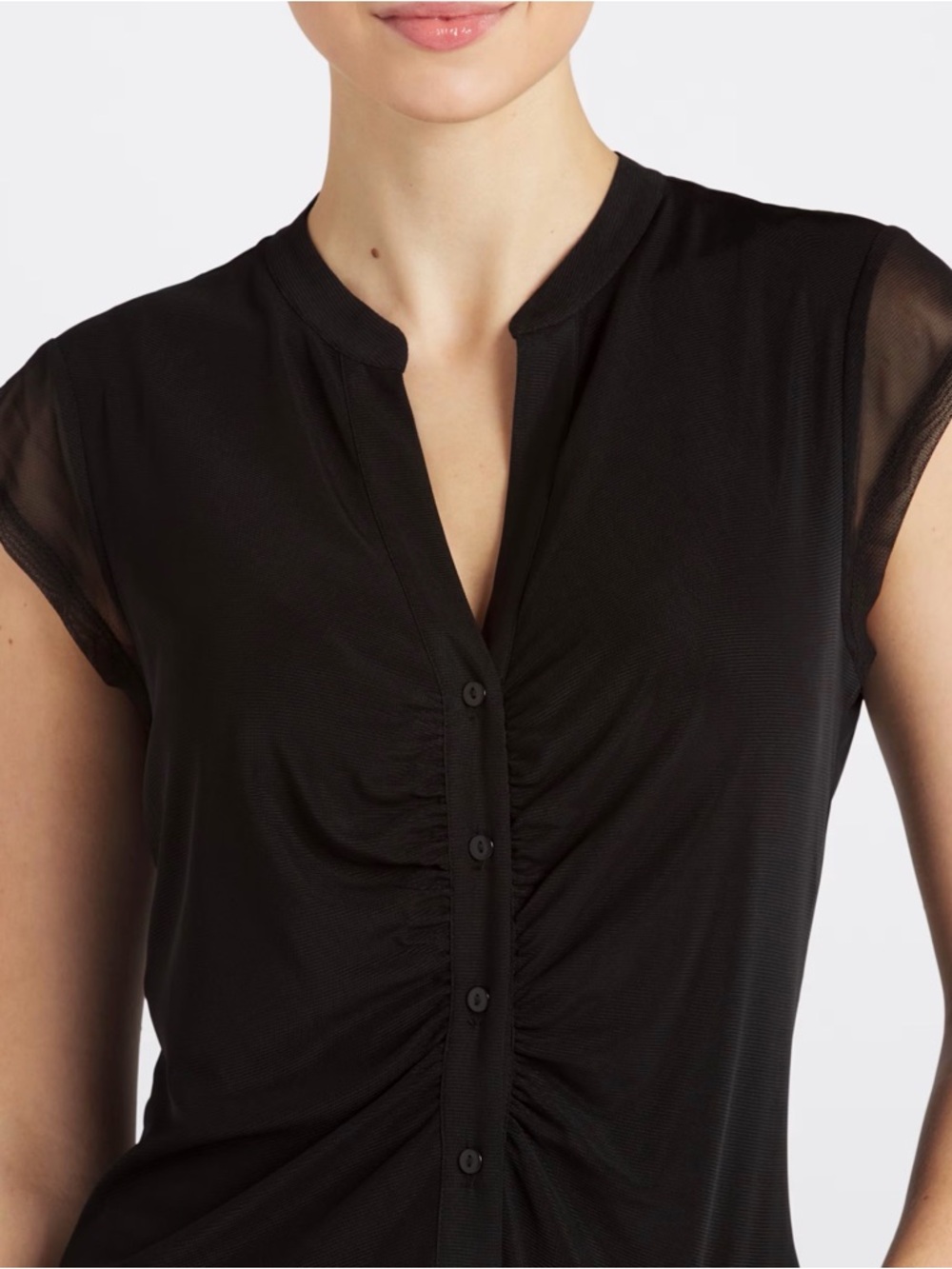 LES SEREIN Rylee Button-Front Mesh Sleeve Top - Black - Picture 3 of 3